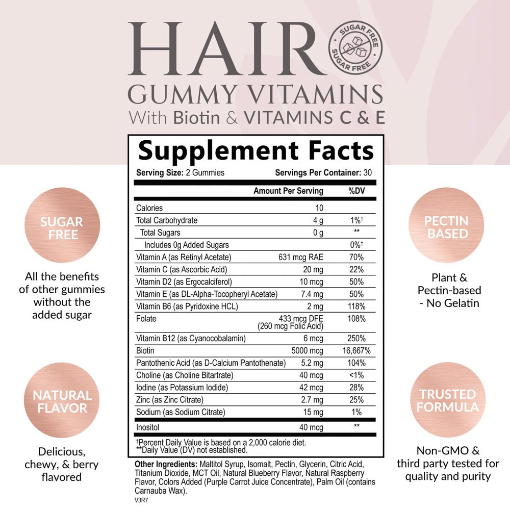 Sugar Free Hair Vitamins Gummies with Biotin 5000 Mcg, Vitamin A, B12, C, D, E, Folic Acid, Supports Hair Growth Gummy, Vegetarian Friendly, Supports Strong Beautiful Hair and Nails - 60 Gummies