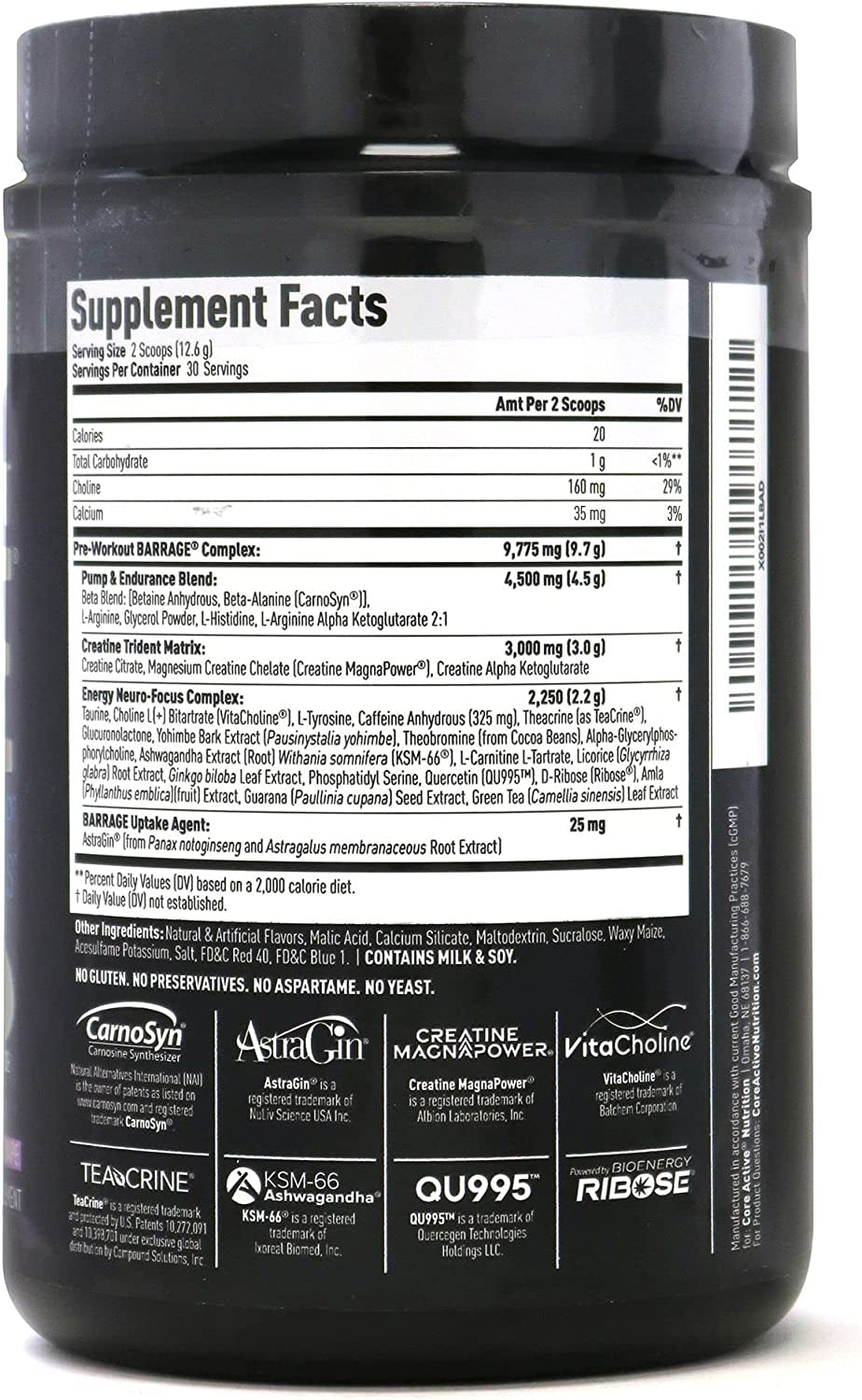 (CORE)ACTIVE Barrage Pre Workout Powder - Preworkout for Women & Men, Creatine Powder, Beta Alanine, Agmatine Sulfate, & Caffeine - Muscle Builder for Men with Intense Energy - Grape (30 Servings)