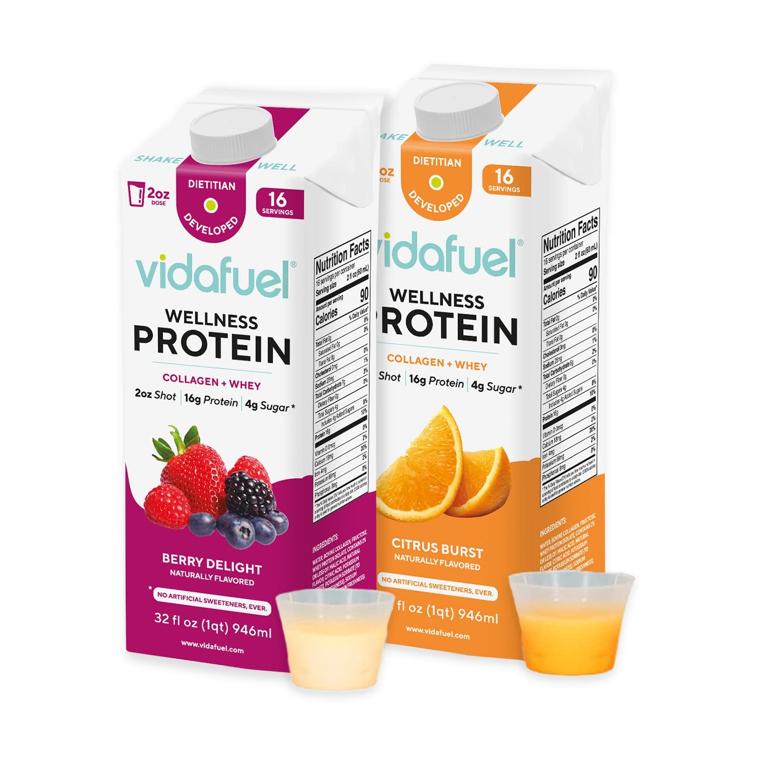 Protein Drink, 16G Protein per 2Oz Shot, 32 Fl Oz Carton, 2 Pack, Berry and Citrus, Collagen and Whey Drink, No Artificial Sweeteners