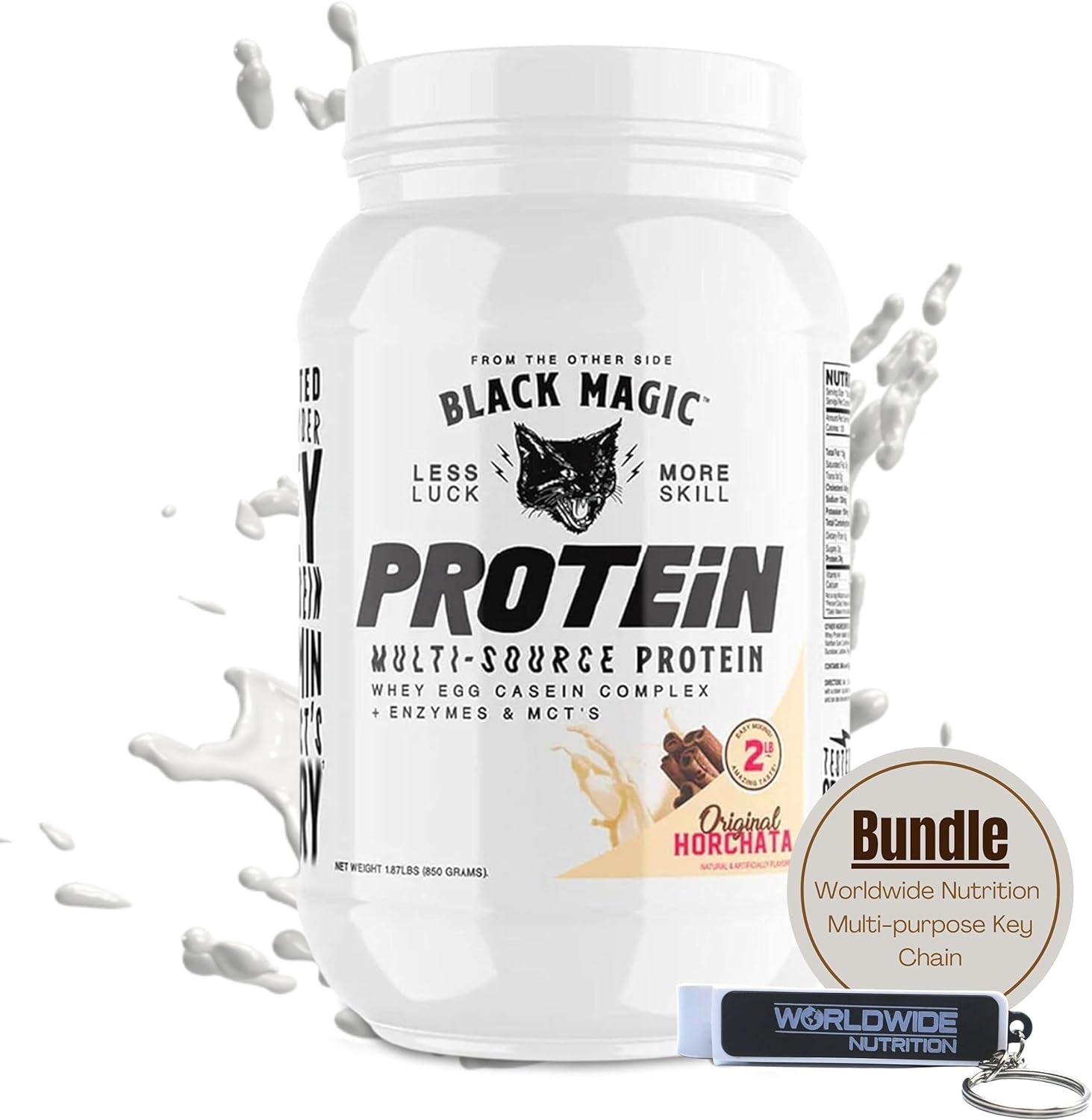 Worldwide Nutrition Bundle, 2 Items: Black Magic Multi-Source Casein Protein Powder - Muscle Gain with Whey, Micellar Casein, Mcts & Enzymes - Original Horchata Flavor - 2 LB & Multi-Purpose Keychain