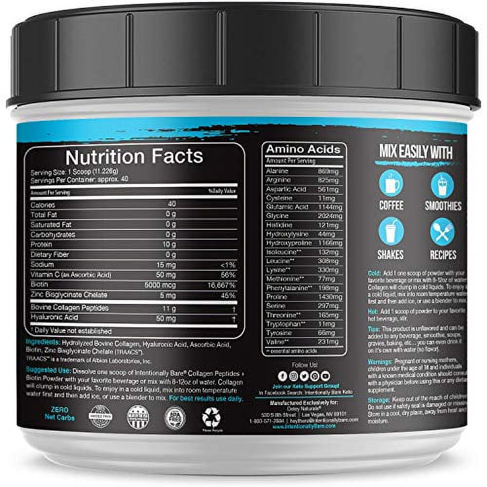 Intentionally Bare Collagen Peptides – Biotin, Hyaluronic Acid, Vitamin C, Zinc – Anti-Aging, Keto, Paleo - 10G Protein, Zero Carbs - Grass-Fed, Pasture Raised, Dairy Free – Unflavored - 40 Servings