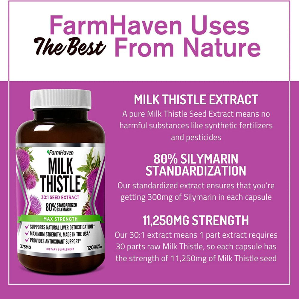 Farmhaven Milk Thistle Capsules , 11250Mg Strength , 30X Concentrated Seed Extract & 80% Silymarin Standardized - Supports Liver Function and Overall Health , Non-Gmo , 120 Veggie Capsules