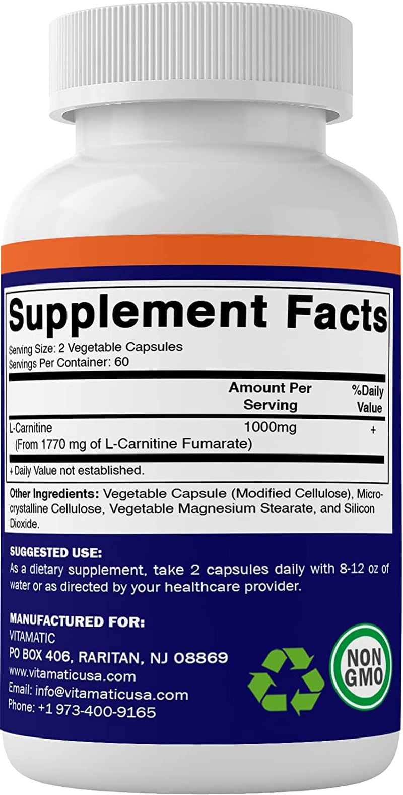 Vitamatic L-Carnitine Fumarate 1000 Mg - 120 Vegetable Capsules (1 Bottle)