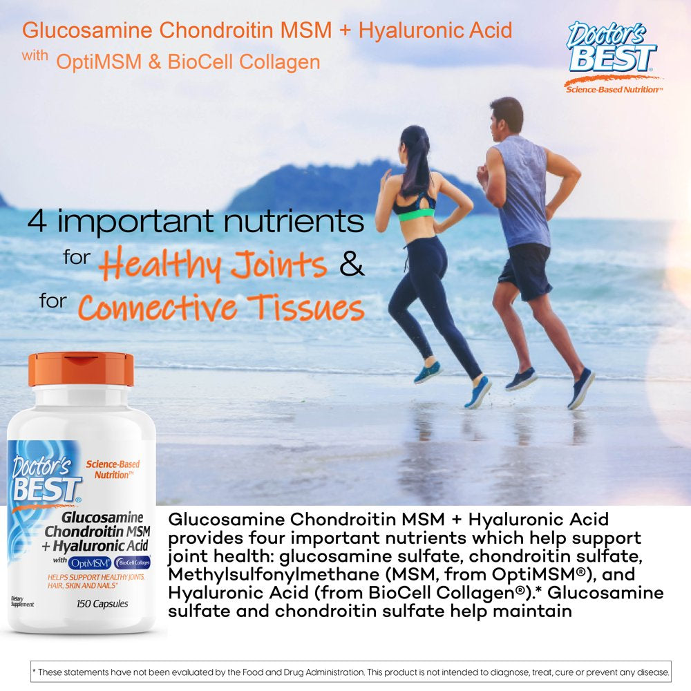 Doctor'S Best Glucosamine Chondroitin MSM + Hyaluronic Acid with Optimsm & Biocell Collagen Capsules, 150 Ct