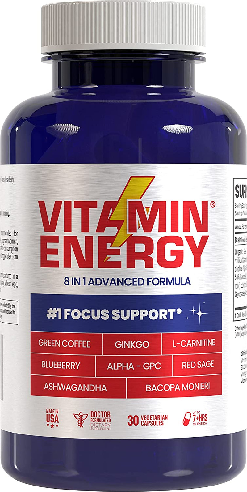 Vitamin Energy Focus+ Energy Capsules, up to 7+ Hours of Energy, 30 Capsules, 1 Pack