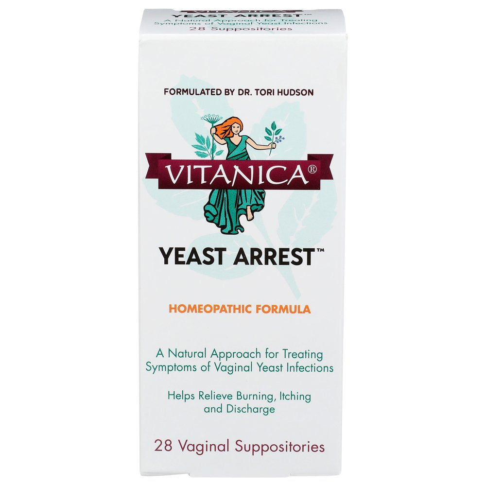 Vitanica Yeast Arrest, Homeopathic Vaginal Suppositories, for Yeast Infection Symptoms, Relieves Burning, Itching & Discharge, with Boric Acid, Tea Tree Oil & Probiotics, Vegan (Yeast Arrest, 28)