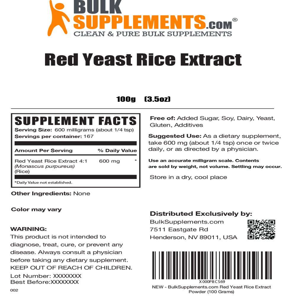 Bulksupplements.Com Red Yeast Rice Extract Powder - Yeast Nutrient - Cardiovascular Supplement - Red Rice Yeast (100 Grams)