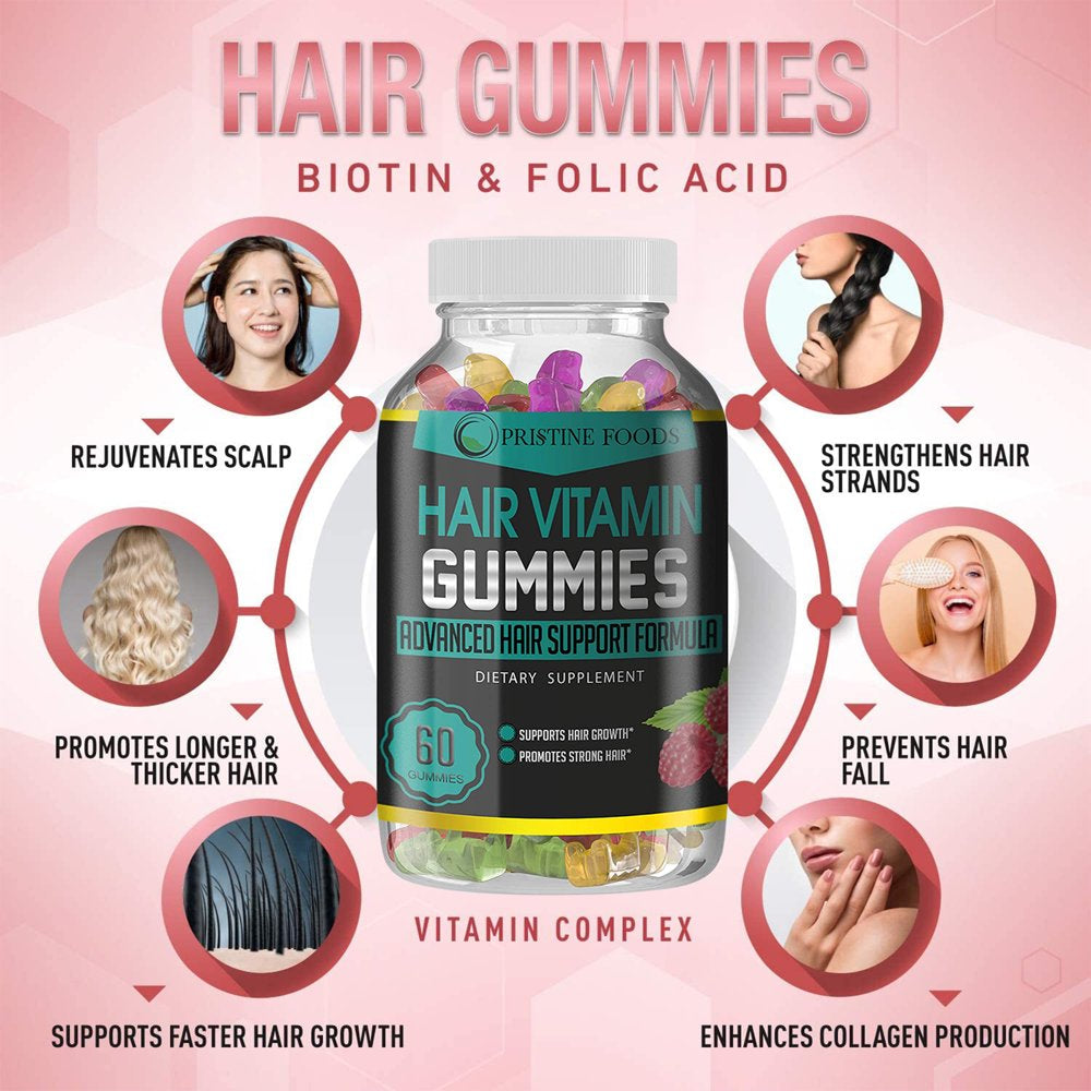Hair Vitamins Gummies - Advanced Hair Growth Formula with Biotin 5000Mcg, Folic Acid & More - 60 Vegetarian Gummy