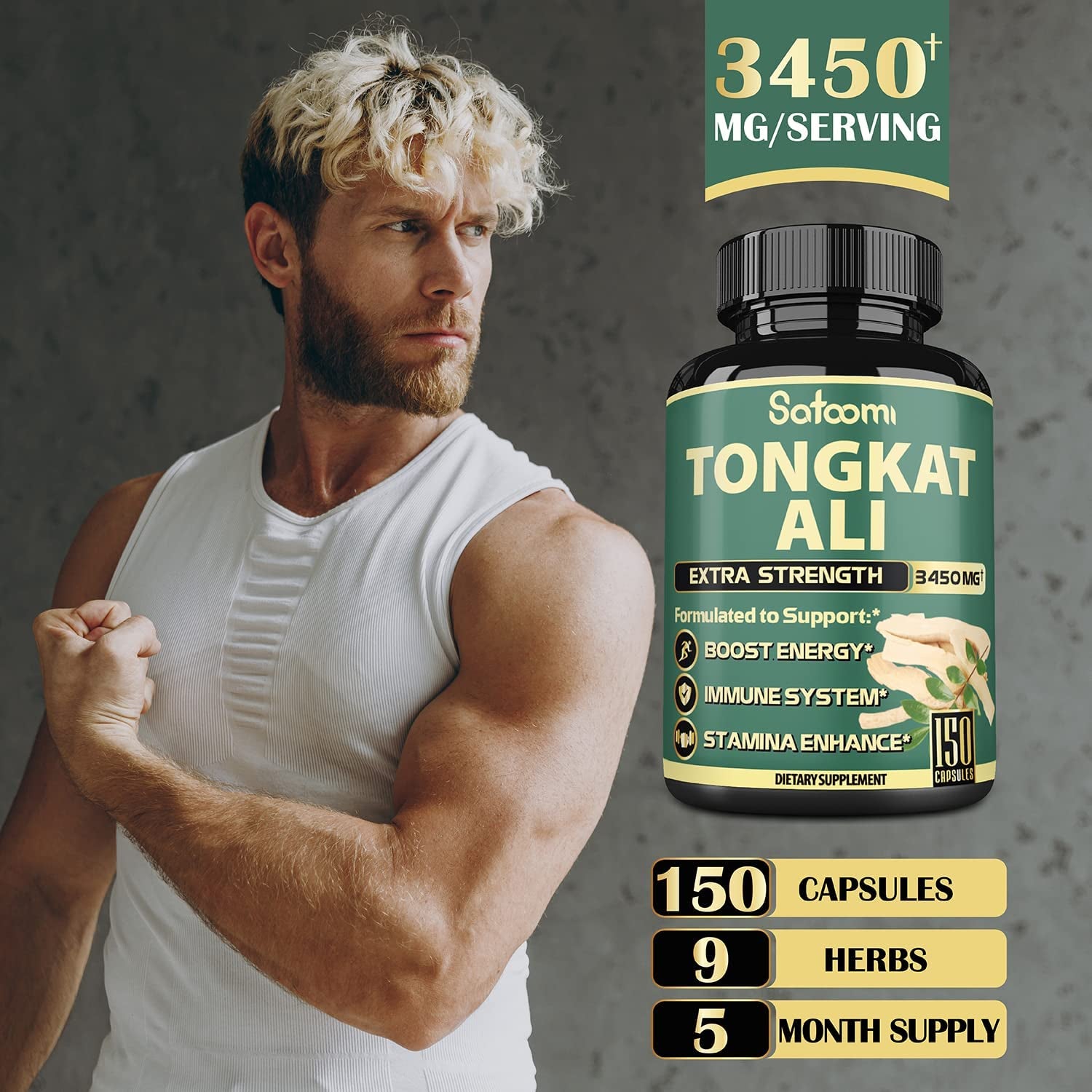 9In1 Tongkat Ali Root Extract 200:1. Equivalent to 3450Mg - Support Strength, Energy and Healthy Immune - 150 Capsules - 5 Month Supply