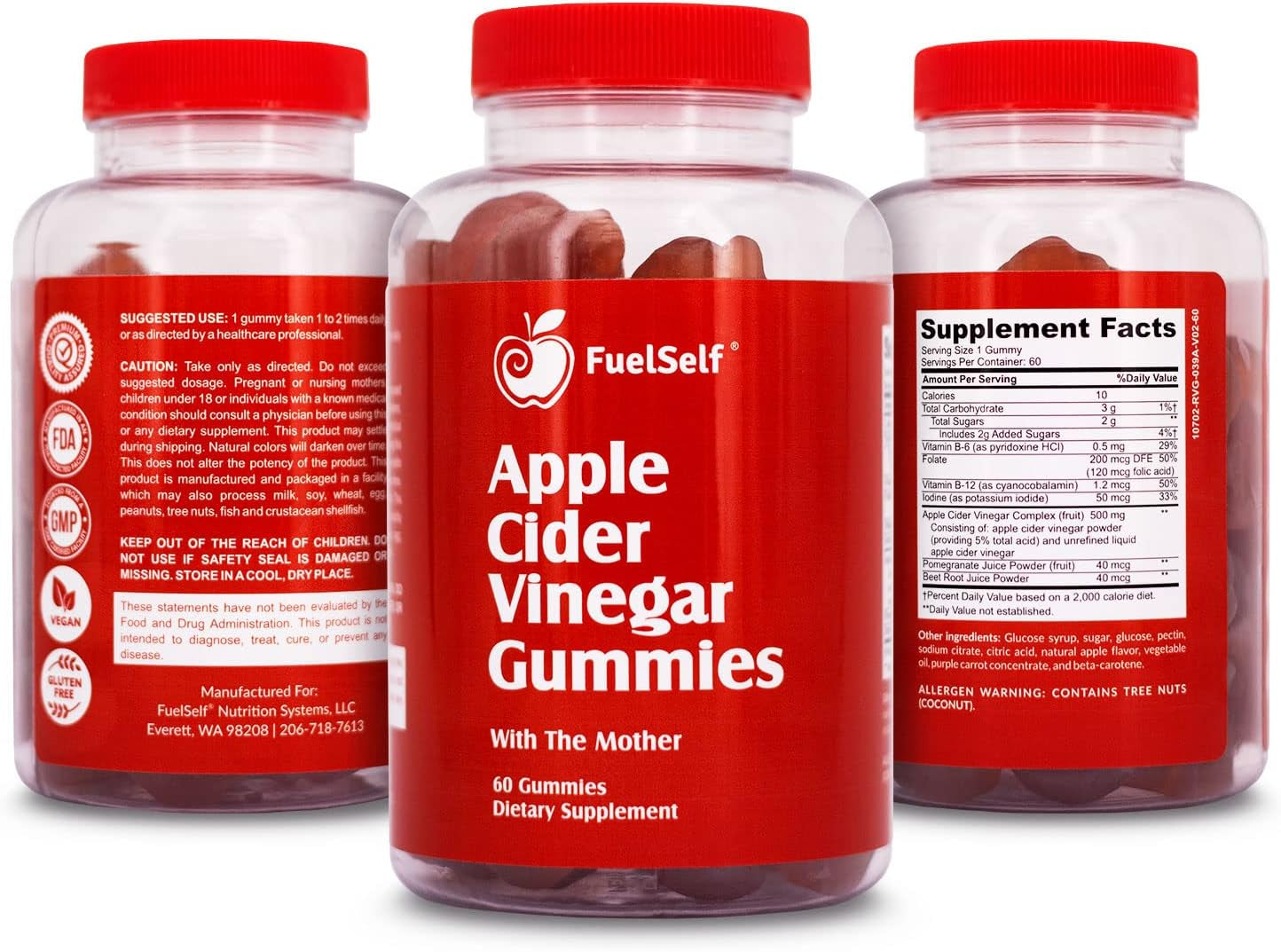 Fuelself Apple Cider Vinegar Gummy Vitamins with the Mother, 1 Pack, 60 Count :: Metabolism Management, Immunity, Detox :: Vegan, Gluten-Free, Vitamin B6, B12, Pomegranate, Beet Root