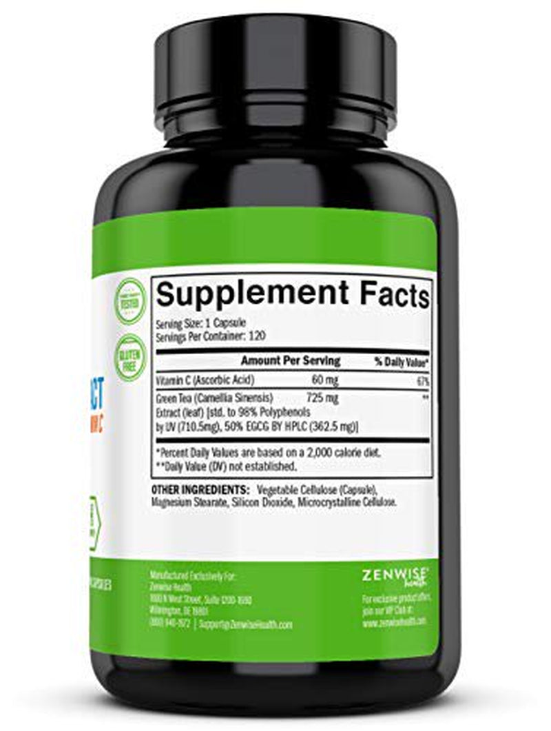 Zenwise Green Tea Extract with EGCG & Vitamin C - Antioxidant & Immune Supplement - Vegan Skin & Heart Support Brain Health & Memory Boost - 120 Count