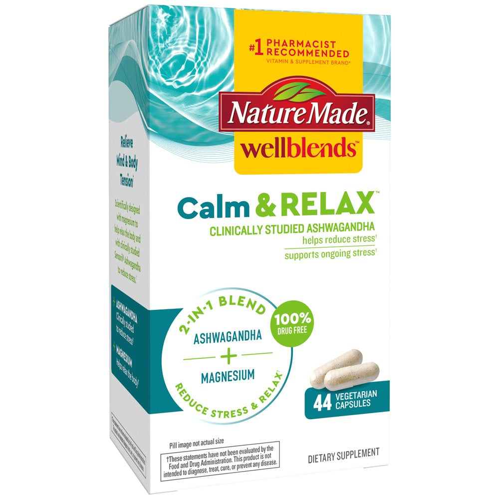 Nature Made Wellblends Calm & Relax Vegetarian Capsules, Ashwagandha, Magnesium, 44 Count