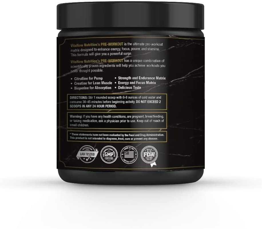 VITANOW NUTRITION Energy+Focus, Pre-Workout Formula, Sugar Free, 217.5G, 30 Servings (Fruit Punch)