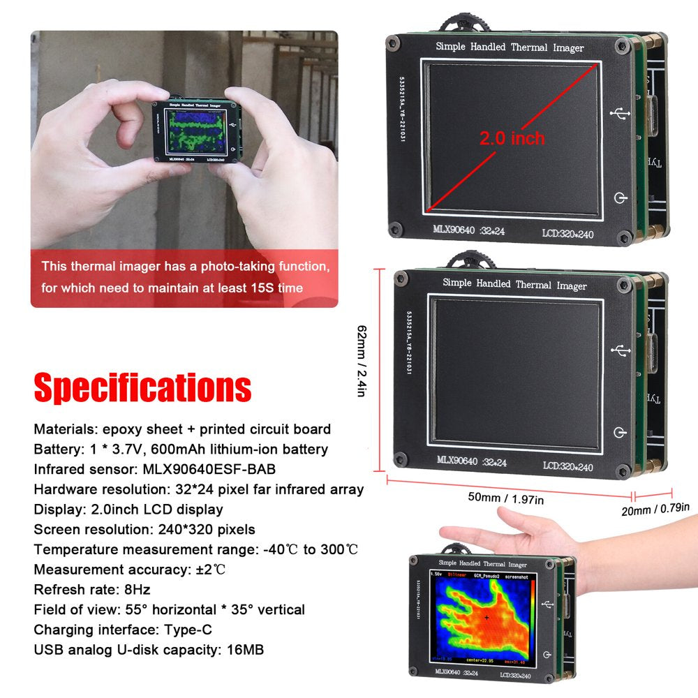 24 * 32 Pixel Infrared Sensor Simple Handheld Thermal Imager Portable 2.0Inch LCD Display 240*320 Resolution Clear Definition Imaging Camera -40℃ to 300℃ Temperature Measurement Instrument