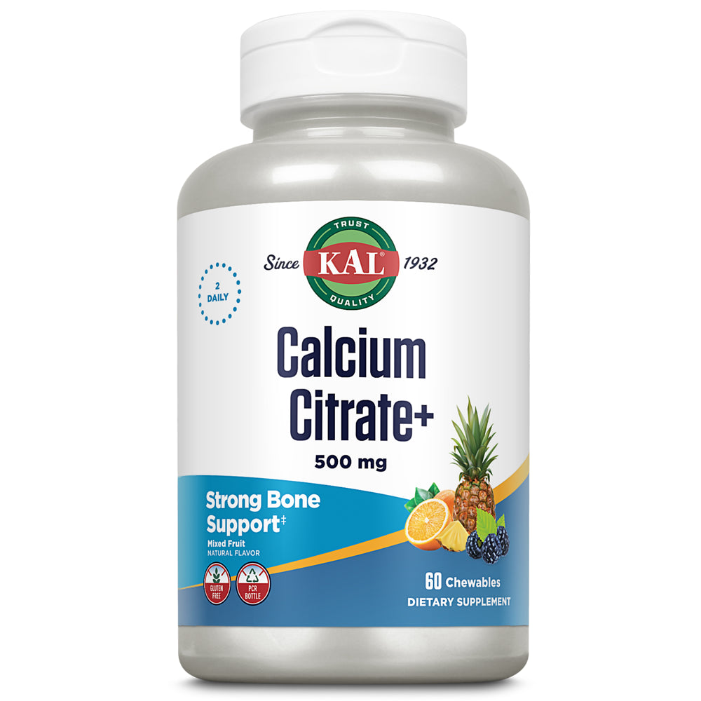 KAL Calcium Citrate Chewable 500Mg W/ Magnesium & Vitamin D-3 | for Bones, Teeth, Nerve & Muscle Support | Natural Mixed Fruit Flavor | 60 Chewables