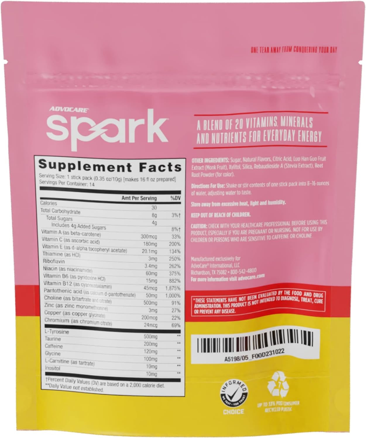 Advocare Spark Vitamin & Amino Acid Supplement - Focus and Energy Drink Mix with Stevia - Raspberry Lemonade - 14 Pack