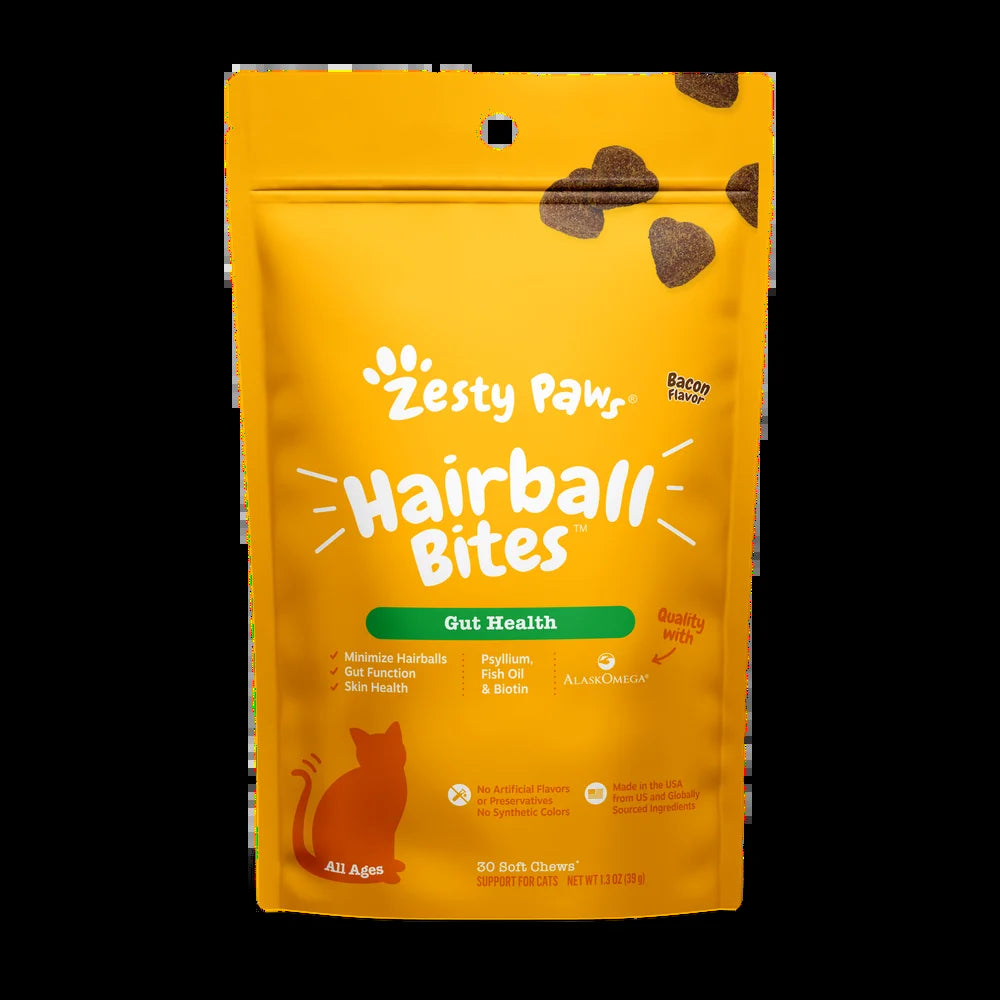 Zesty Paws Gut Health Hairball Bites™ for Cats, Functional Treat Supplement W Psyllium, Fish Oil, Biotin & Zinc, Bacon Flavor, 30 Count Soft Chews