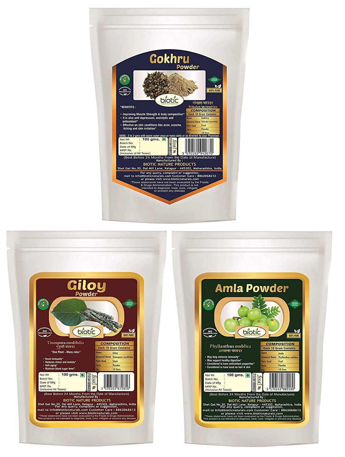 XLO Biotic Gokhru, Giloy and Amla Powder - 300G (100G Each)