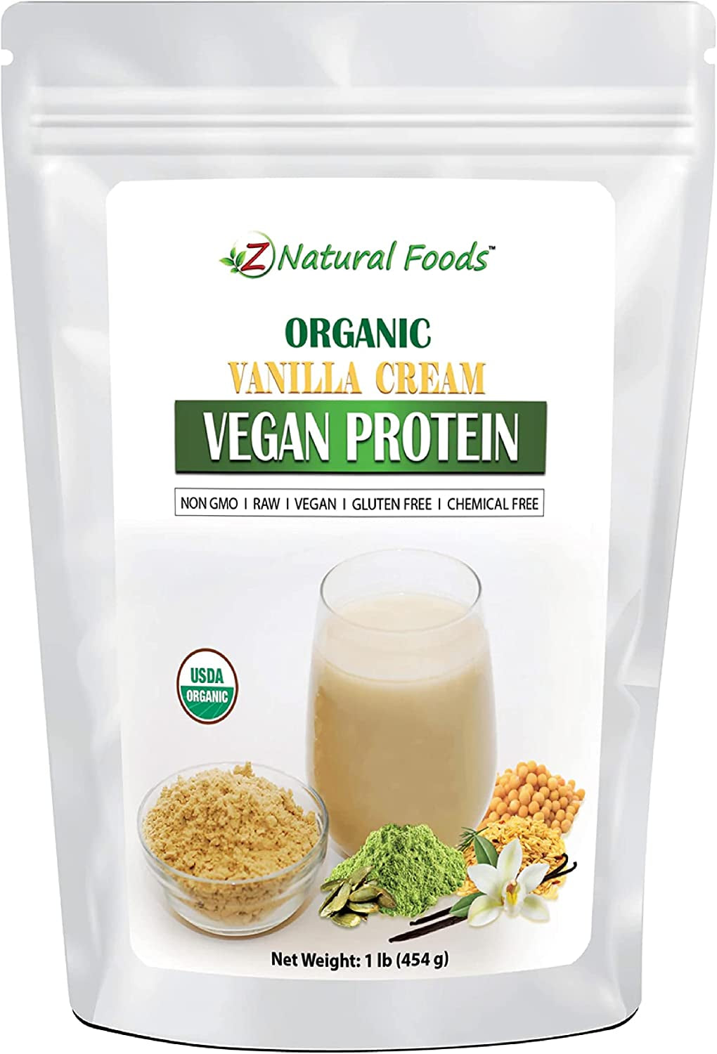 Z Natural Foods Organic Vanilla Cream Vegan Protein Powder, Vanilla Flavored Vegan Protein Supplement, All Natural, Vegan, Non-Gmo, 1 Lbs