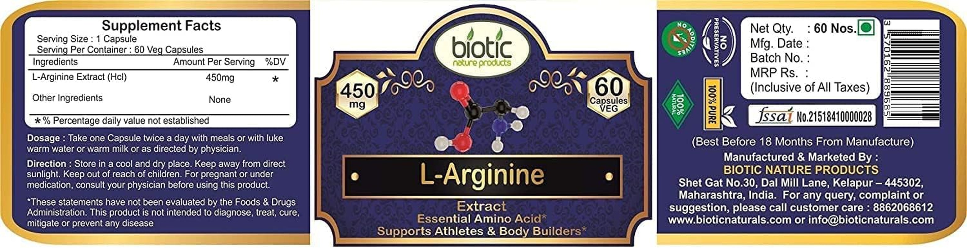 TARIN Biotic L-Arginine/L Arginine Capsules 450 Mg - 60 Veg Capsules for Muscle