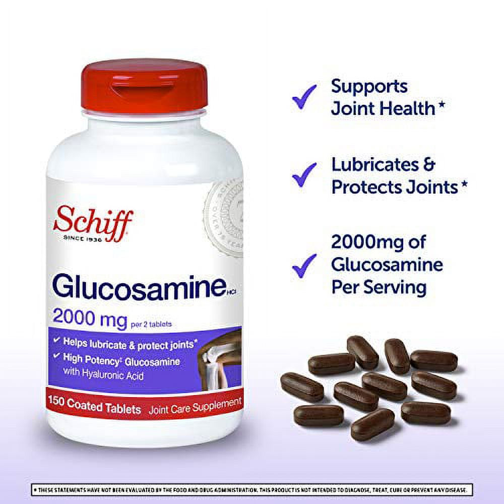 Schiff Glucosamine 2000Mg (Per Serving) + Hyaluronic Acid Tablets (150 Count in a Bottle), Joint Care Supplement That Helps Support Joint Mobility & Flexibility, Supports the Structure of Cartilage