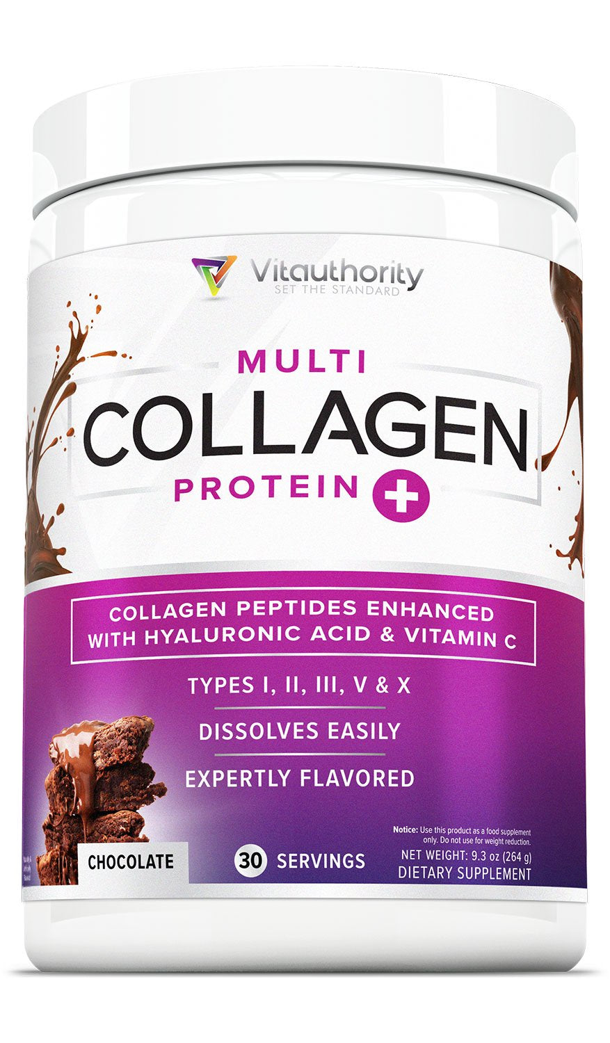 Multi Collagen Peptides plus Hyaluronic Acid and Vitamin C, Hydrolyzed Collagen Protein, Types I, II, III, V and X Collagen, Chocolate Flavor, 30 Servings