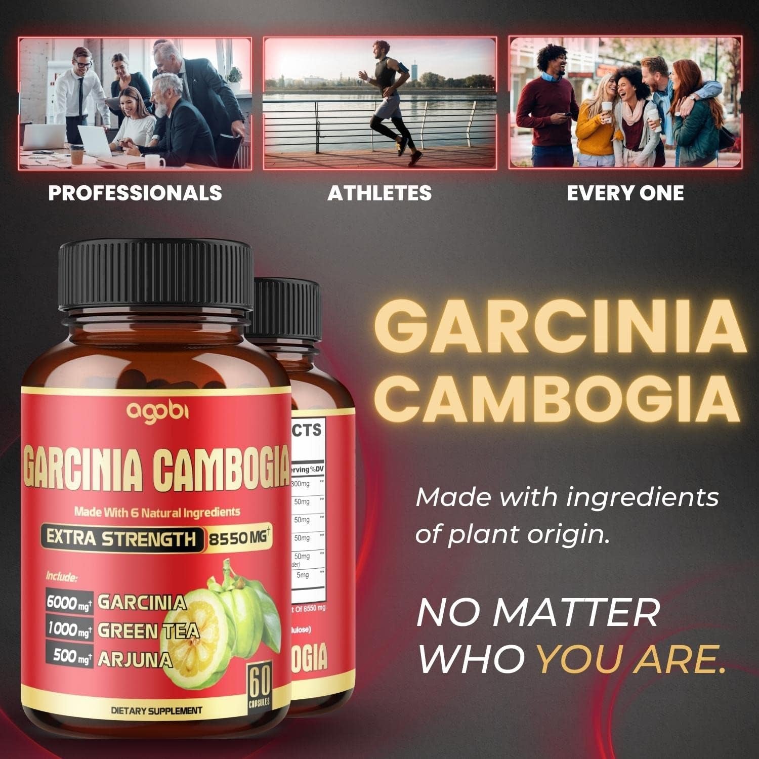 6In1 Garcinia Cambogia Extract Capsules 4 Months - 20:1 Extract 8550Mg with Organic Green Tea, Arjuna, Garlic Bulb, Turmeric & Black Pepper - Balace Body, Mood & Immune Support - 2 Packs 60 Counts