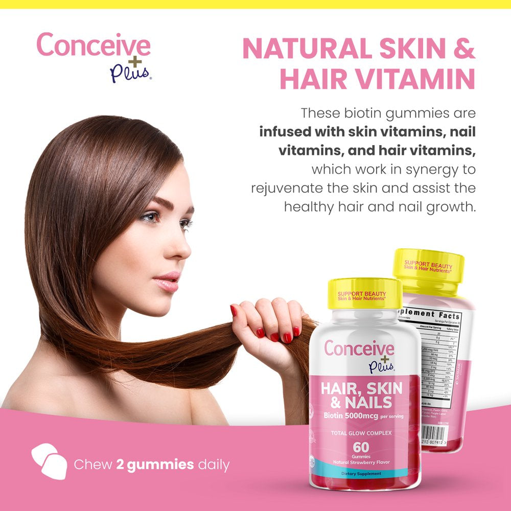 Conceive plus Hair Skin & Nails Gummies - Extra-Strength Biotin, VIT A, C, D3, E Vitamins - Vegan, Hair Growth Supplement - Gelatin-Free - 60 Count