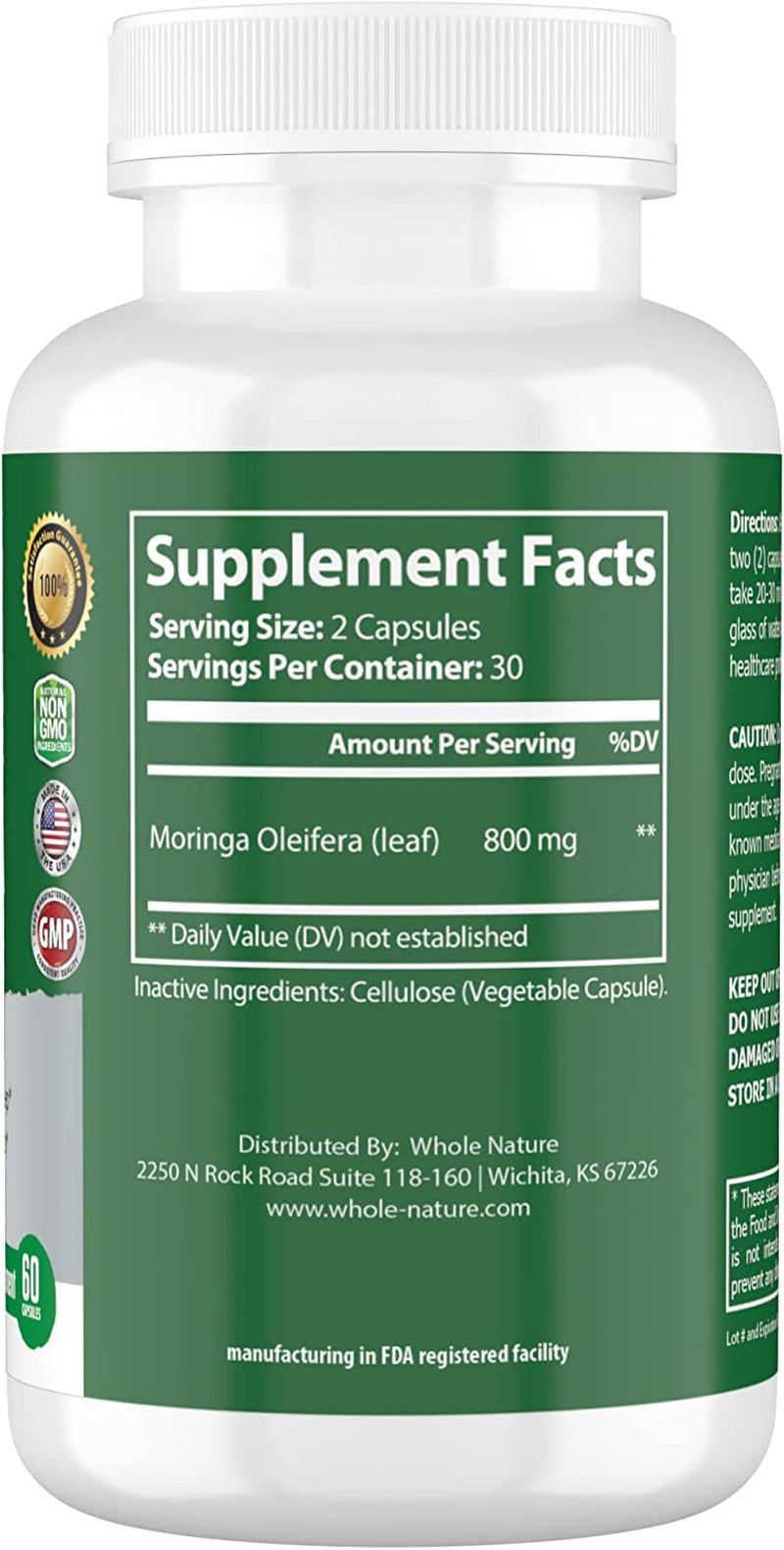 Moringa Capsules, 800Mg Organic Moringa Oleifera Leaves Powder Superfood Greens. Whole Nature'S Pure Moringa Pills Is a Vegan, Non-Gmo Energy Booster and Immune Support Supplement