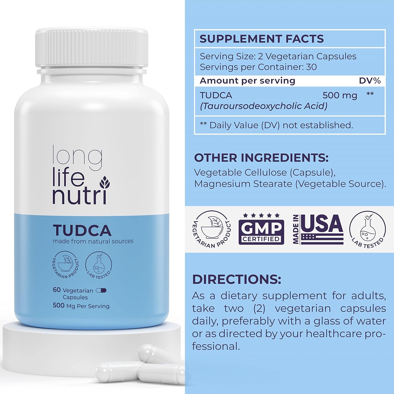 TUDCA 500Mg 60 Vegetarian Capsules | Tauroursodeoxycholic Acid Bile Salt Supplement | Liver Support Detox and Gallblader Cleanse | 500 Mg per Serving Pure Powder - 30 Days Supply | Made in USA