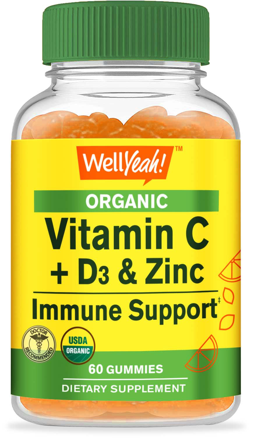 Wellyeah Organic Vitamin C + D3 + Zinc Gummies - Immune Boosting, Antioxidant-Rich, and Bone Health Supporting, USDA Organic, Vegan, and Non-Gmo - Gluten-Free, Nut-Free Gummy - 60 Count