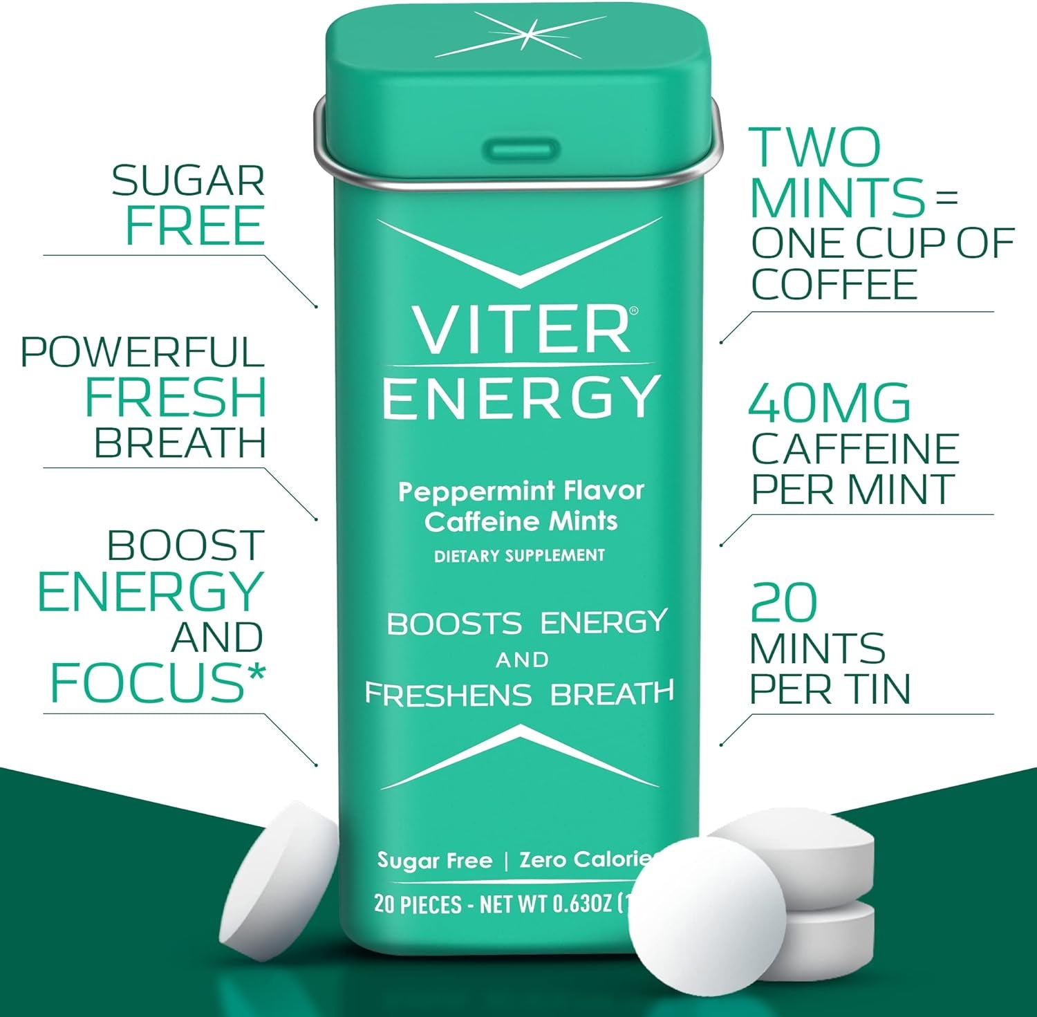 Viter Energy Original Caffeine Mints Peppermint Flavor 6 Pack and 1/2 Pound Bulk Bag Bundle - 40Mg Caffeine, B Vitamins, Sugar Free, Vegan, Powerful Energy Booster for Focus and Alertness