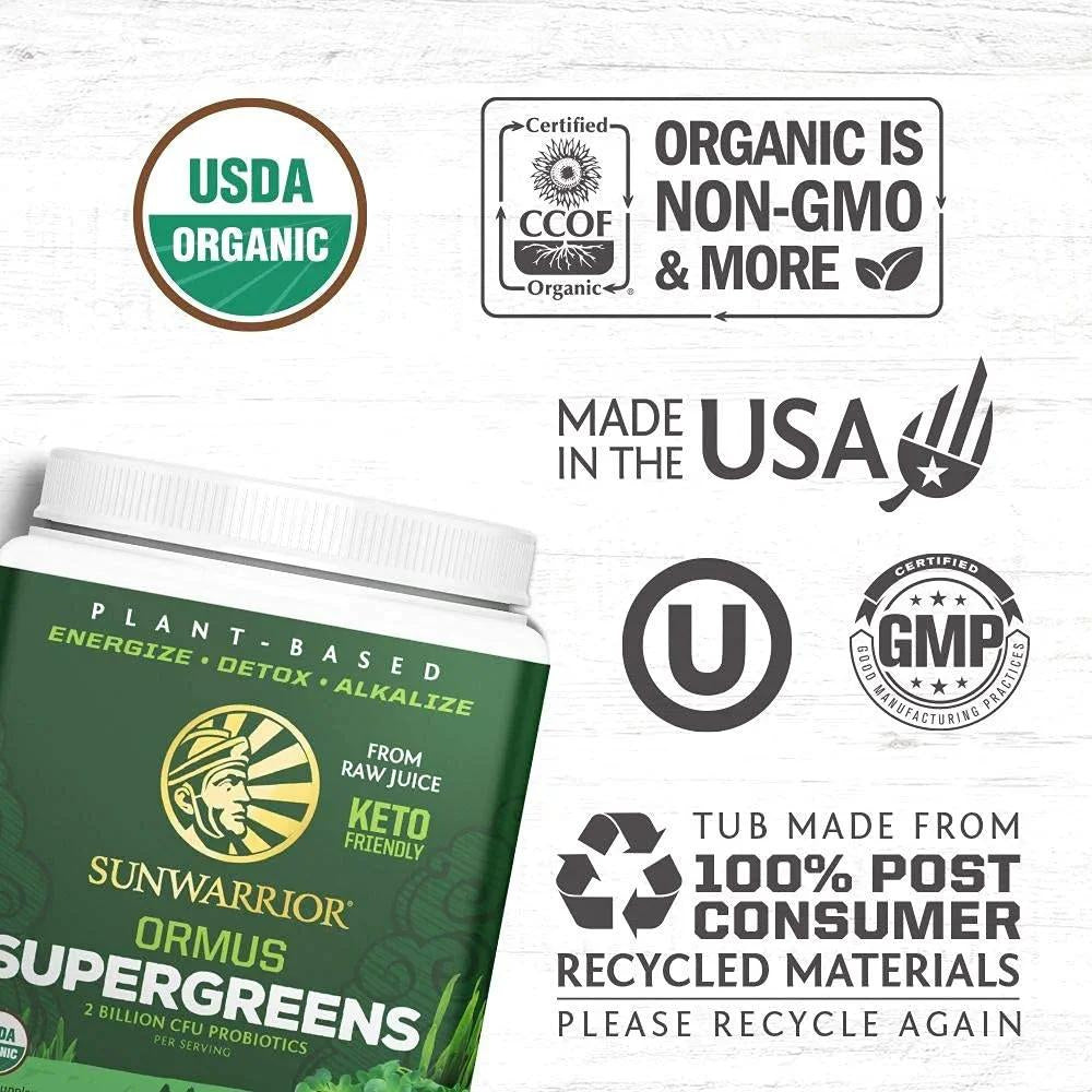Sunwarrior Ormus Supergreen | Organic Probiotic Powder, Mint, 225G