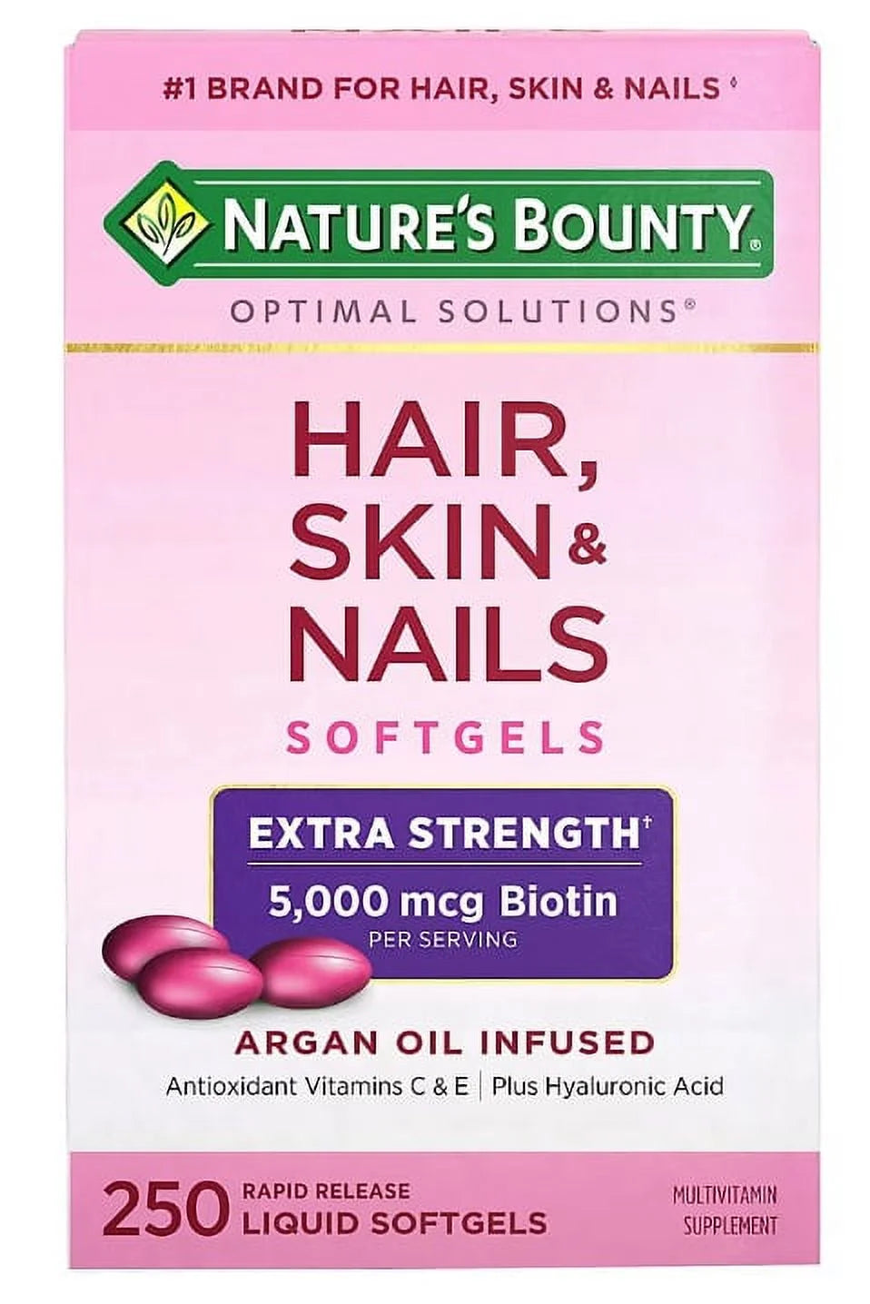 Natures Bounty Hair Skin and Nail Vitamins with Biotin, Soft Gels, 250 Ct