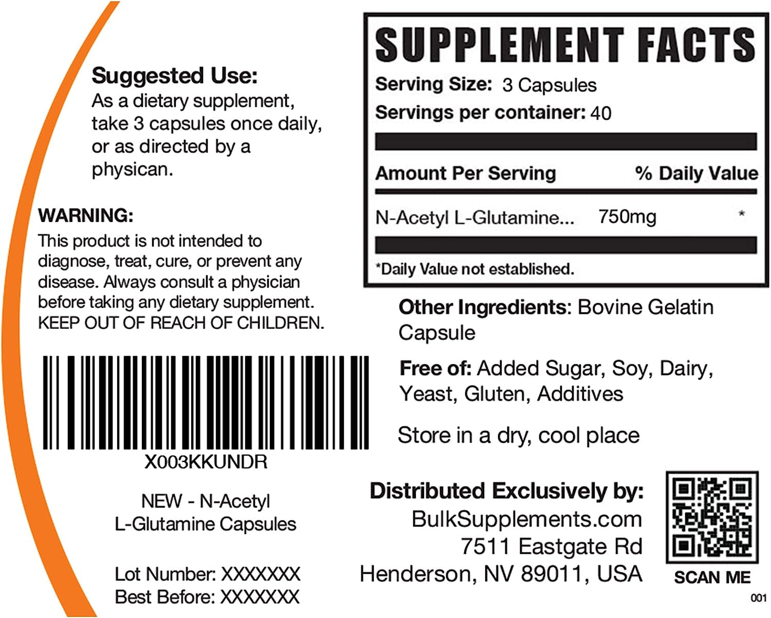 BULKSUPPLEMENTS.COM N-Acetyl L-Glutamine Capsules - Glutamine Supplement, L Glutamine Capsules - Gut Health & Recovery, Glutamine 750Mg - Gluten Free, 3 Capsules per Serving, 120 Capsules