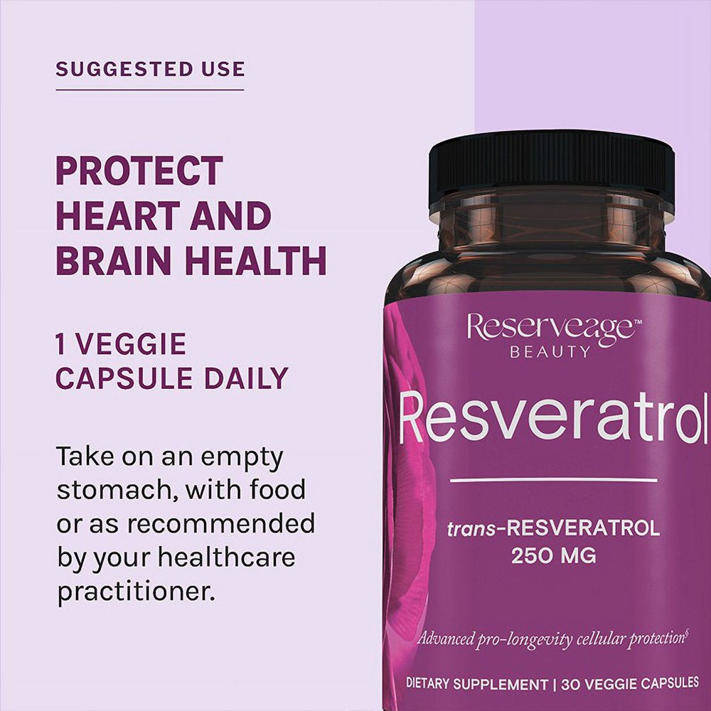 Reserveage, Resveratrol 250 Mg, Antioxidant Supplement for Heart and Cellular Health, Supports Healthy Aging, Paleo, Keto, 60 Capsules