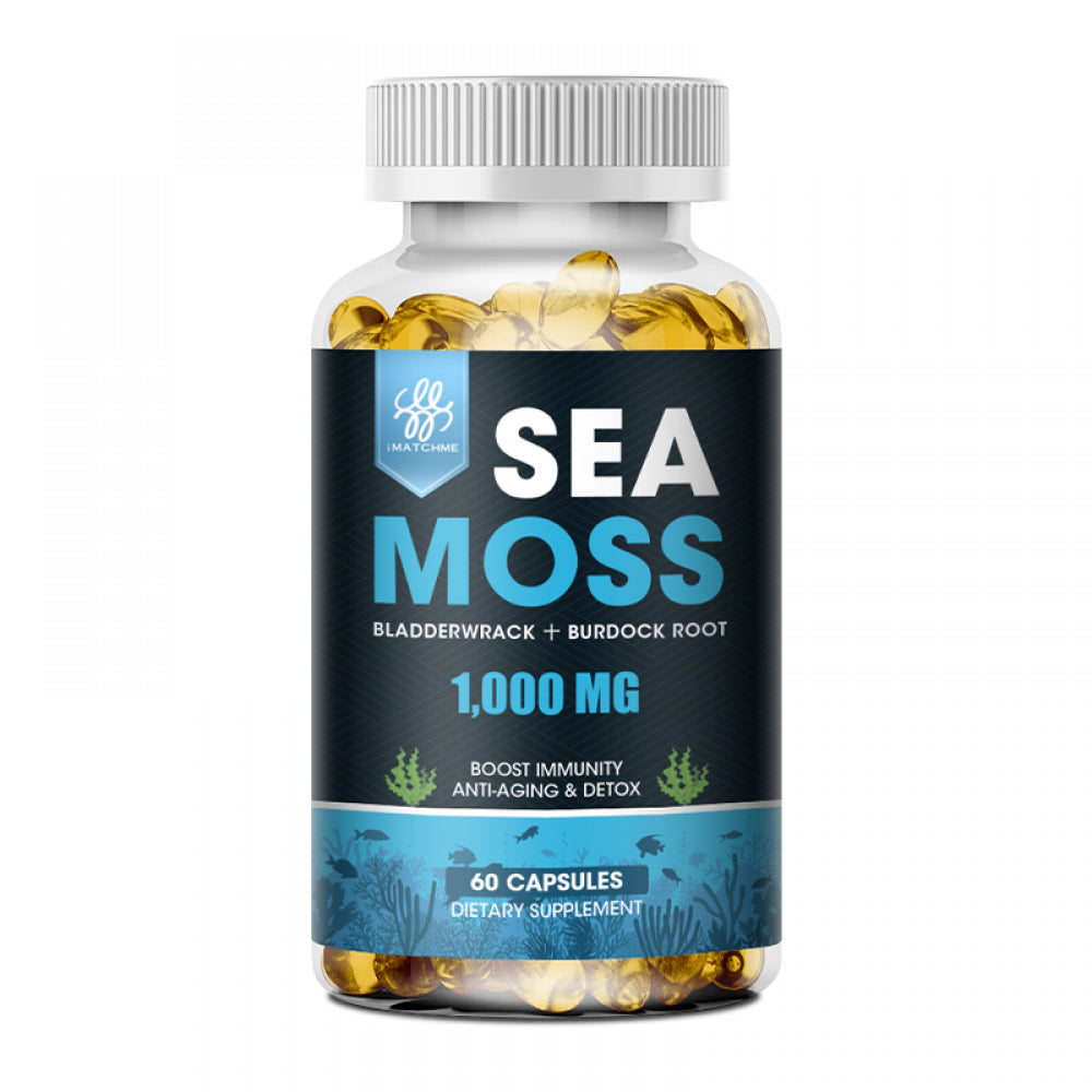 Imatchme Organic Sea Moss Capsules 1000Mg with Bladderwrack, Burdock Root for Immune System, Gut, Skin & Energy,60 Count