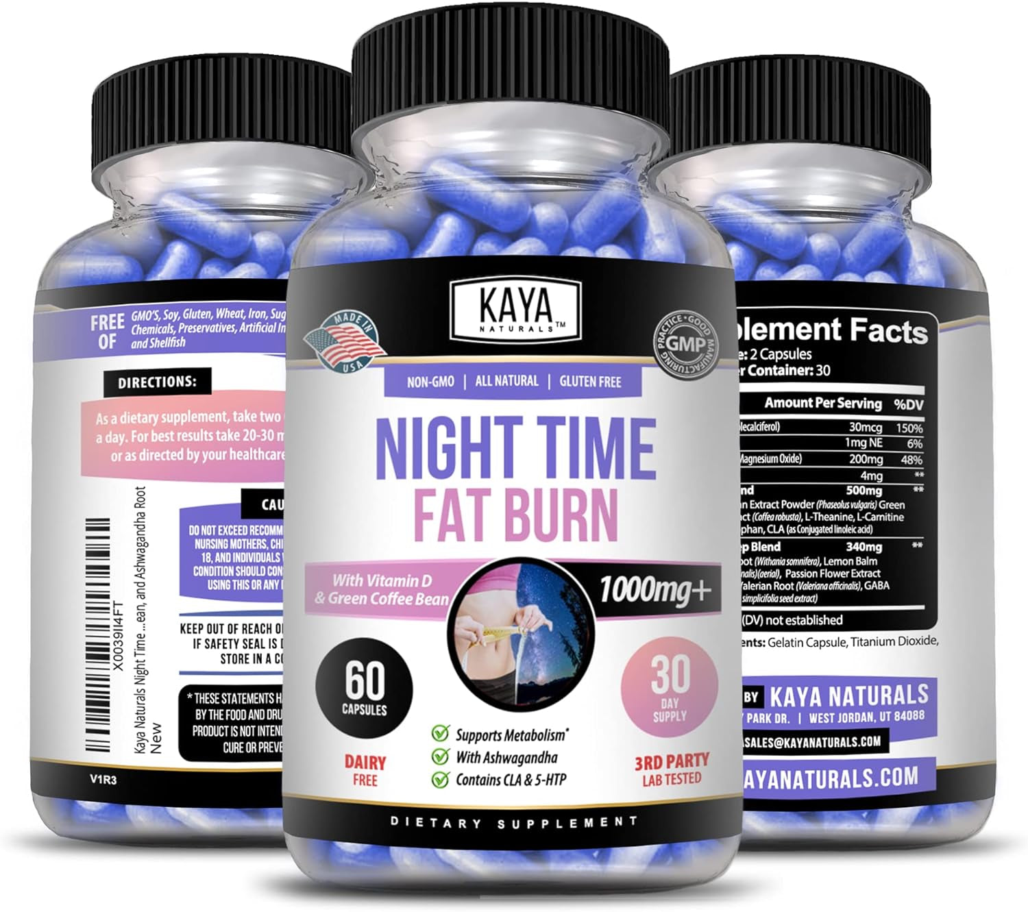 Kaya Naturals Night Time FB | Sleep Support and Metabolism Booster for Women and Men to Reduce Belly Fat | Contains L-Theanine, 5-HTP, and Ashwagandha Root - Stimulant-Free (60 Capsules)