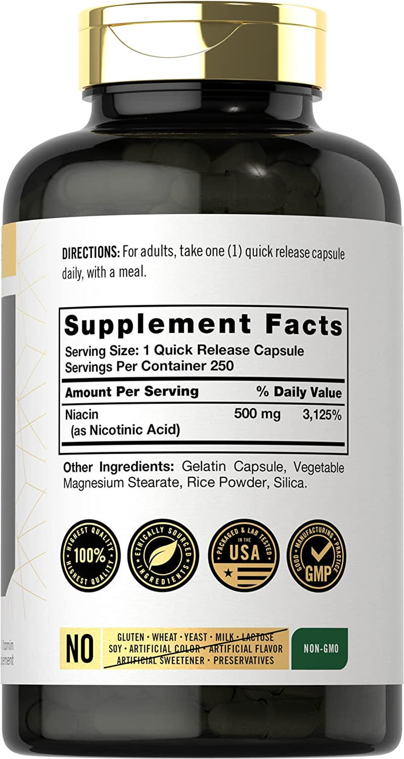 Niacin 500Mg | 250 Capsules | Essential Vitamin | by Carlyle