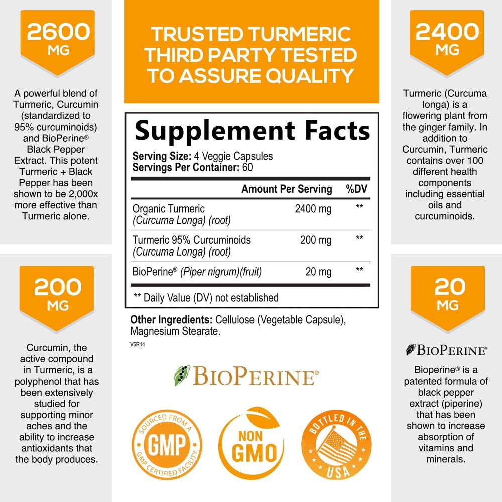 Turmeric Curcumin with Bioperine 95% Standardized Curcuminoids 2600Mg - Black Pepper for Max Absorption, Vegan Joint Support, Nature'S Tumeric Extract, Herbal Supplement, Non-Gmo - 240 Capsules