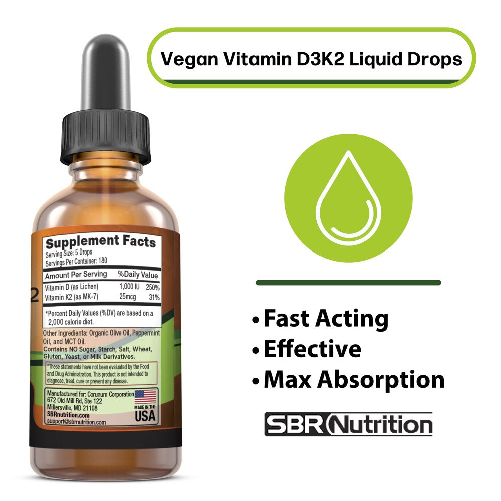 Vegan Vitamin D3 + K2 (MK-7) Sublingual Liquid Drops with MCT Oil | Helps Support Strong Bones and Healthy Heart, Boost Immune System