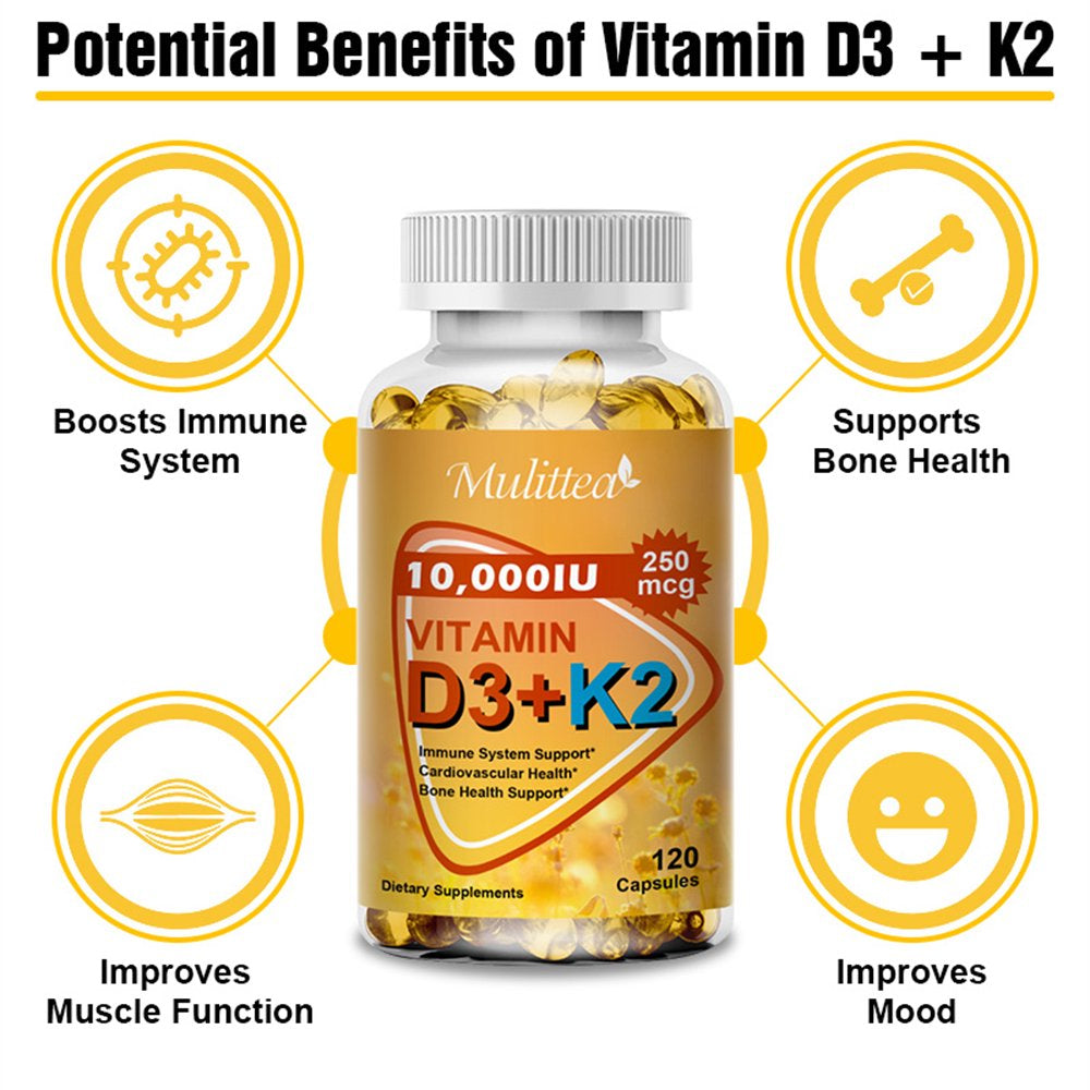 Mulittea Vitamins D3 with K2 Supplement, 10000 IU Extra Strength, Support Bone & Joint Health, Increase Immunity, 120 Capsules