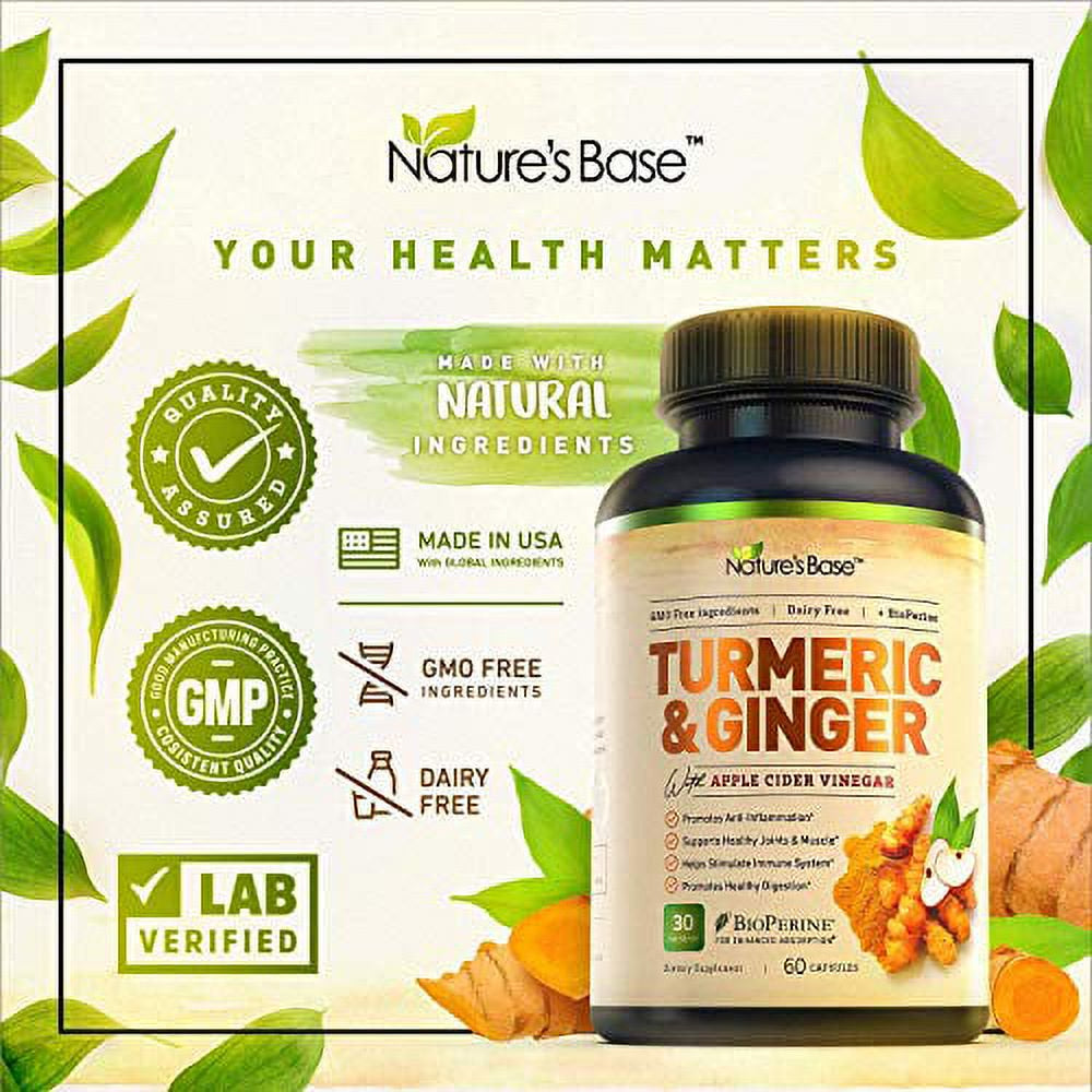 Turmeric Curcumin with Ginger & Apple Cider Vinegar, Bioperine Black Pepper, 95% Curcuminoids, Natural Joint & Healthly Inflammatory Support, Antioxidant Tumeric Supplement, Made in USA, Nature'S Base