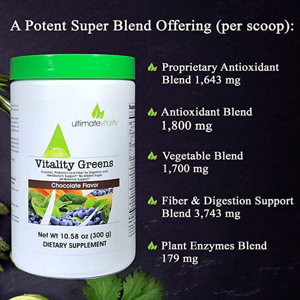 Ultimate Vitality Greens - Green Superfood Detox Powder - Powerful Antioxidant and Detoxification Support with Plant Enzymes and Probiotics - Natural Chocolate Flavor Dietary Supplement - 30 Servings