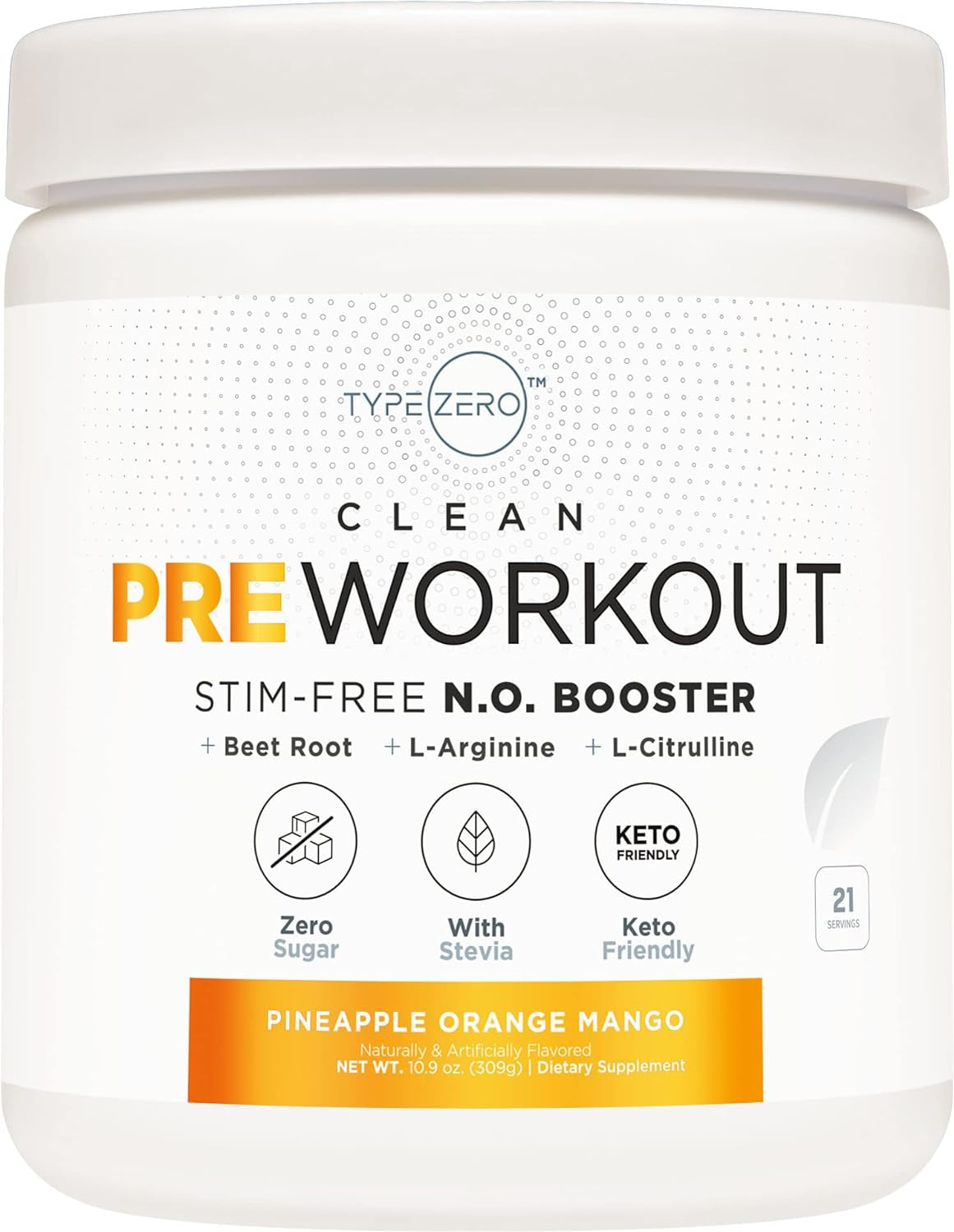 Type Zero Ultra Clean Stim Free Pump Pre Workout (Pineapple Orange Mango) Beetroot, Arginine, Citrulline Malate, Betaine, Beta A, ACV+ Sugar/Caffeine Free Non Stim Preworkout Men & Women