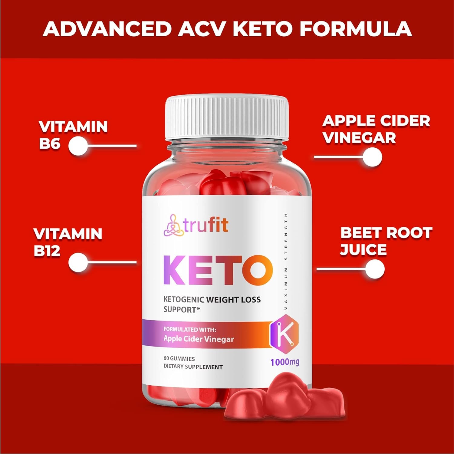 (5 Pack) Trufit Keto Gummies - Official Formula, Vegan, Non GMO - Tru Fit Keto Trufit Keto ACV Gummies with Apple Cider Vinegar, Trufit Keto AVC Pomegranate Juice, Beet Root Juice (300 Gummies)