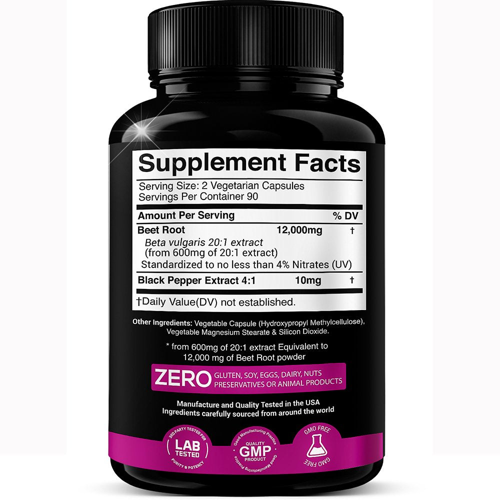 12000Mg 20X Concentrated Extract Beet Root - Natural Nitric Oxide Booster - Highly Concentrated and Highly Bioavailable - W/Black Pepper 180 Veggie Caps