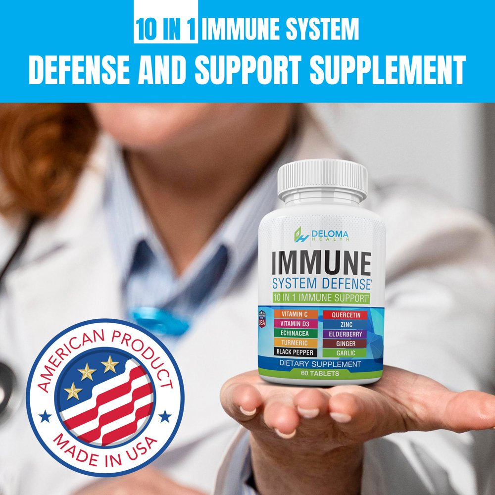 10 in 1 Immune System Support Supplement with Vitamin C, Quercetin, D3, Zinc, Elderberry, Echinacea, Turmeric, Ginger, Black Pepper and Garlic by Deloma Health