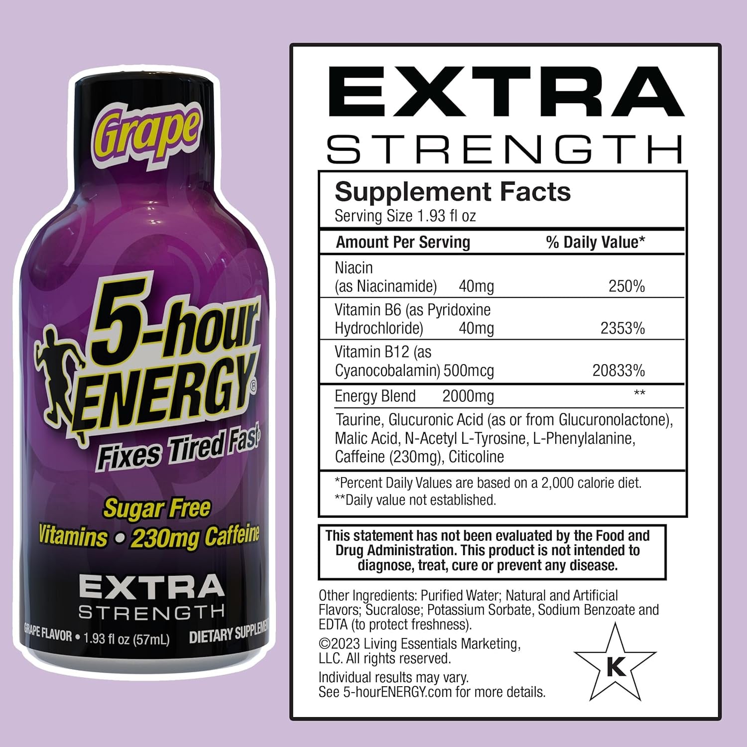 5-Hour ENERGY Extra Strength Energy Shot | Grape Flavor | 1.93 Oz. | 24 Count | Sugar-Free & Zero Calories | B-Vitamins & Amino Acids | 230Mg Caffeinated Energy Shot | Dietary Supplement