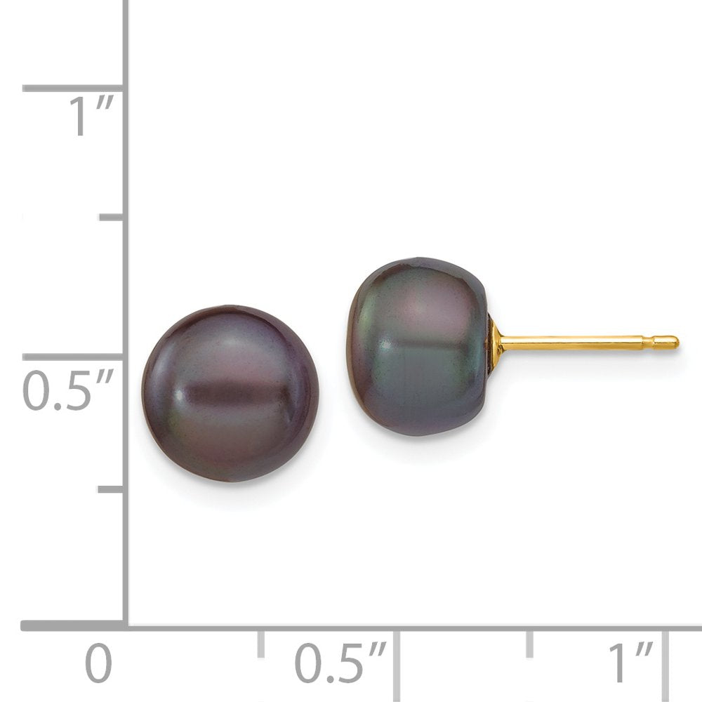 14K 8-9Mm Black Button FW Cultured Pearl Stud Post Earrings X80BB